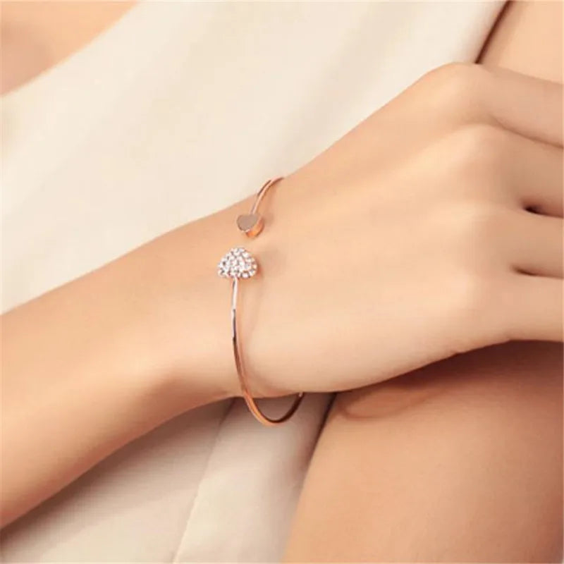 Rhinestone Heart Open Bangle – Adjustable Gold Heart Bracelet for Women