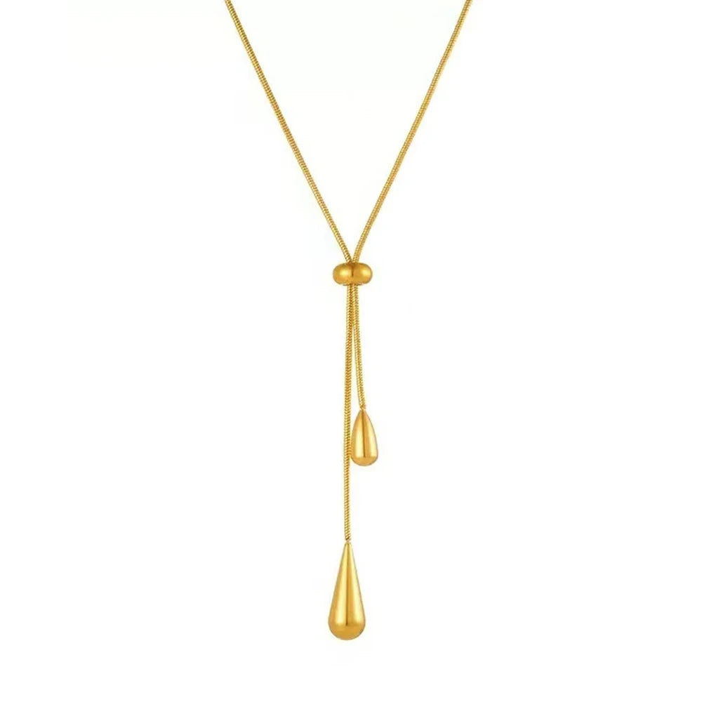 Gold Teardrop Lariat Necklace – Double Drop Pendant