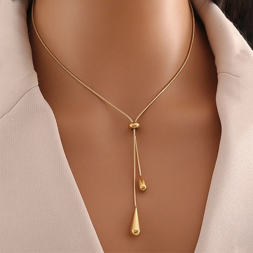 Gold Teardrop Lariat Necklace – Double Drop Pendant