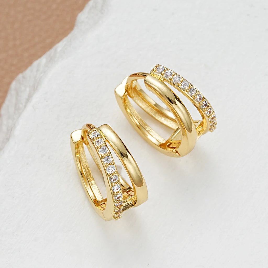 Double Gold Huggie Hoop Earrings – Stacked Rhinestone Hoops