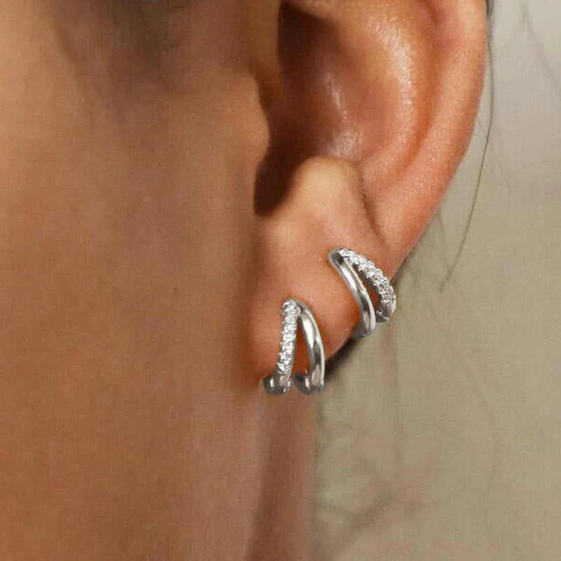 Double Gold Huggie Hoop Earrings – Stacked Rhinestone Hoops