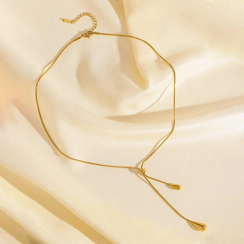 Gold Teardrop Lariat Necklace – Double Drop Pendant