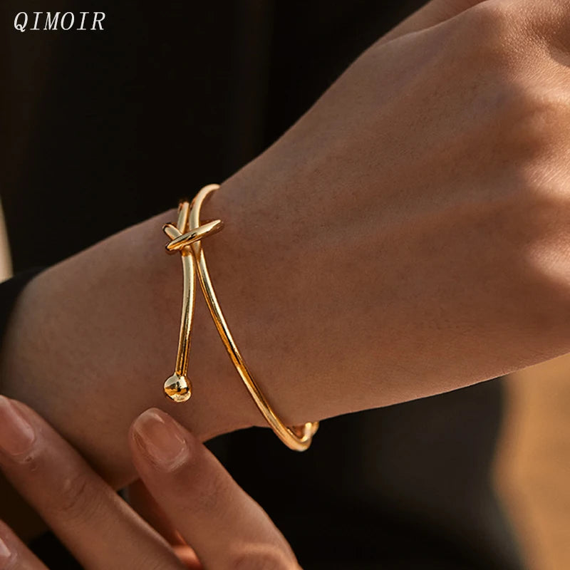 Gold Twisted Knot Open Cuff Bracelet – Adjustable Minimalist Bangle for Women