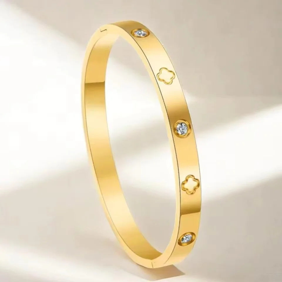 Gold Stainless Steel Zirconia Bangle Bracelet
