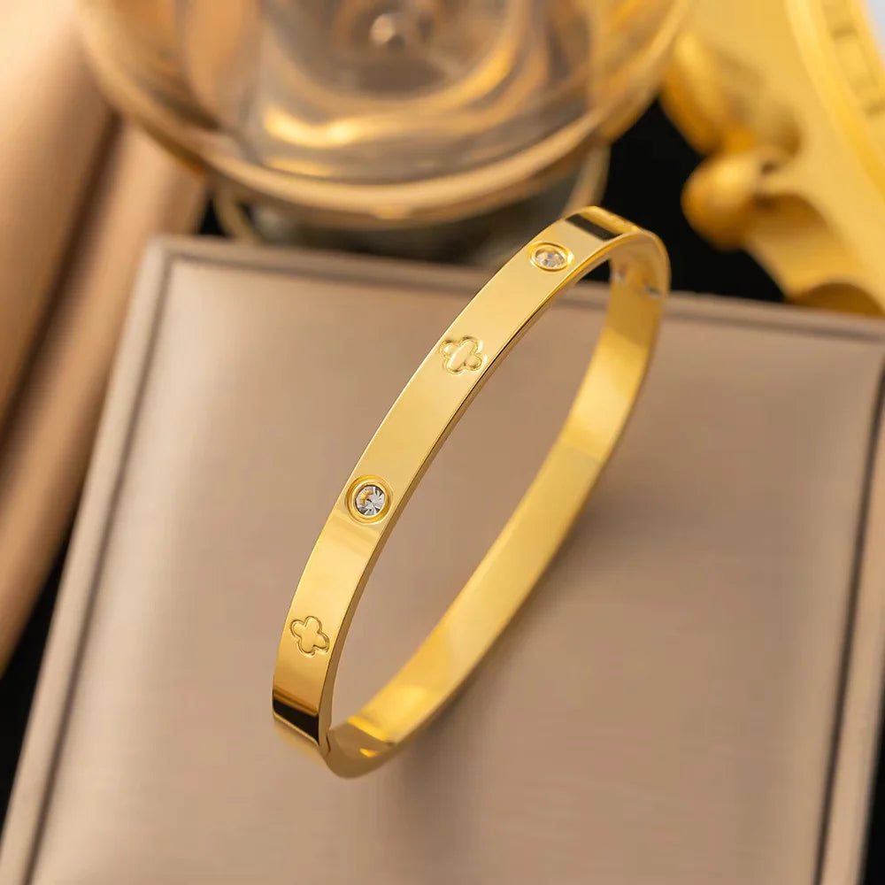 Gold Stainless Steel Zirconia Bangle Bracelet