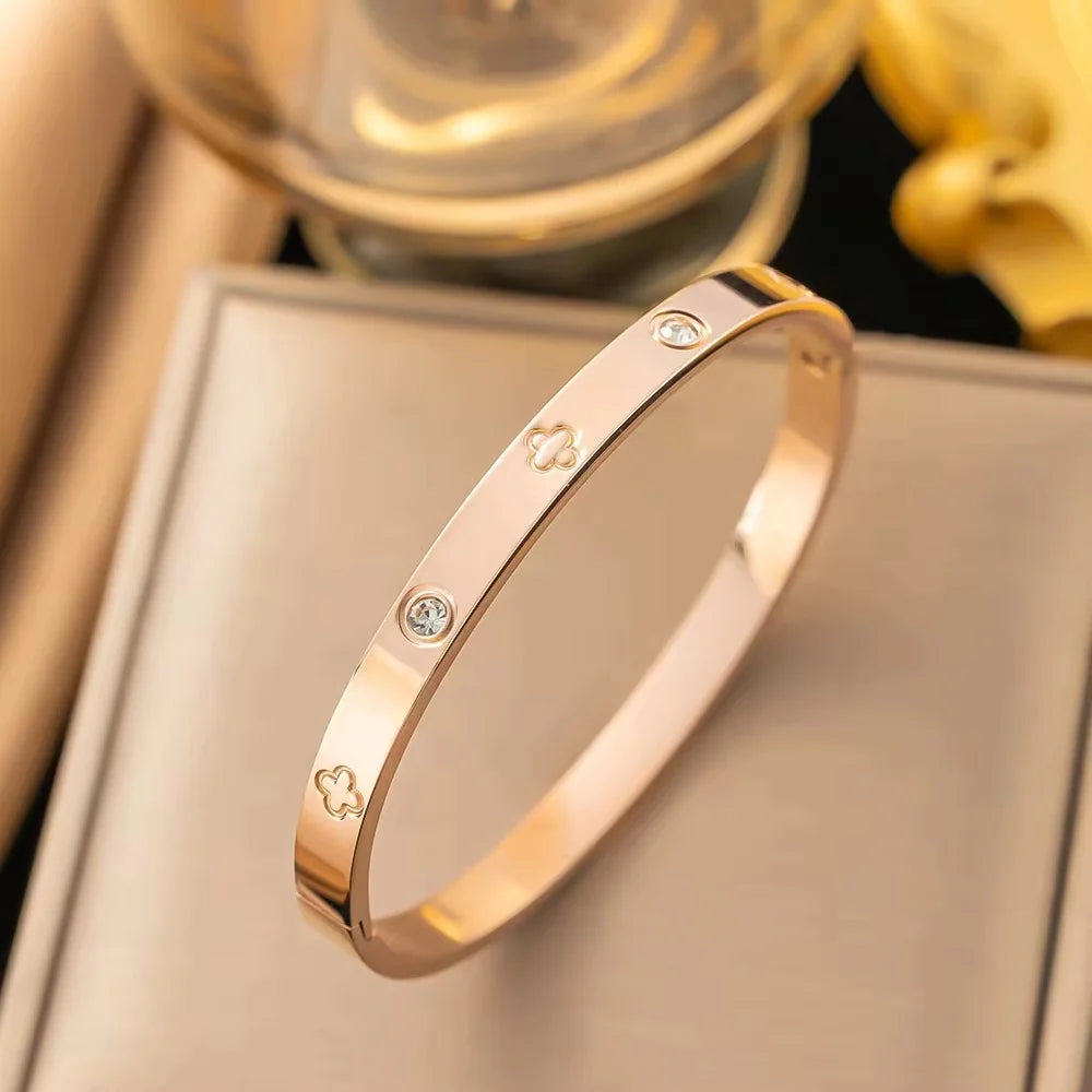 Gold Stainless Steel Zirconia Bangle Bracelet