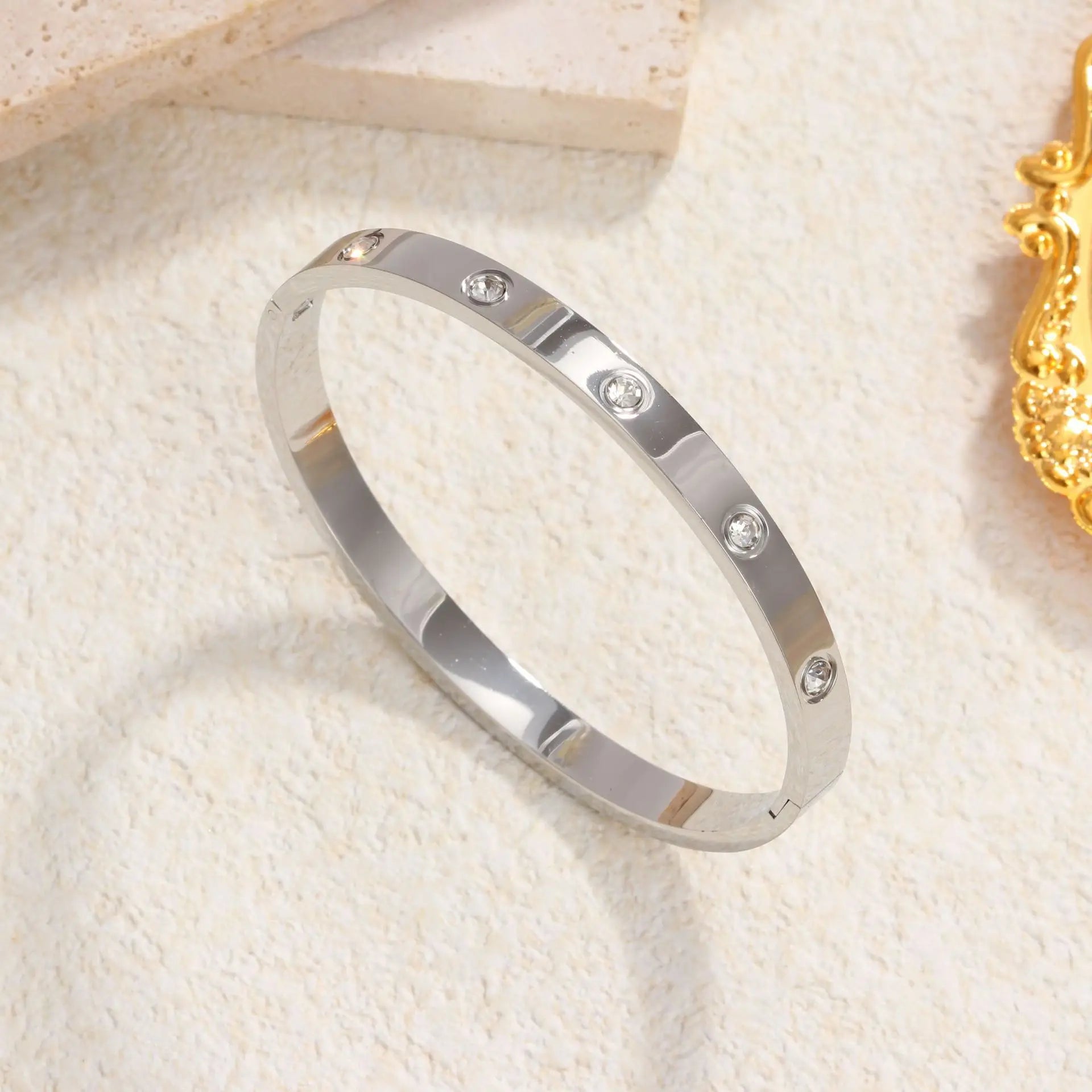 Gold Stainless Steel Zirconia Bangle Bracelet