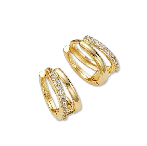 Double Gold Huggie Hoop Earrings – Stacked Rhinestone Hoops